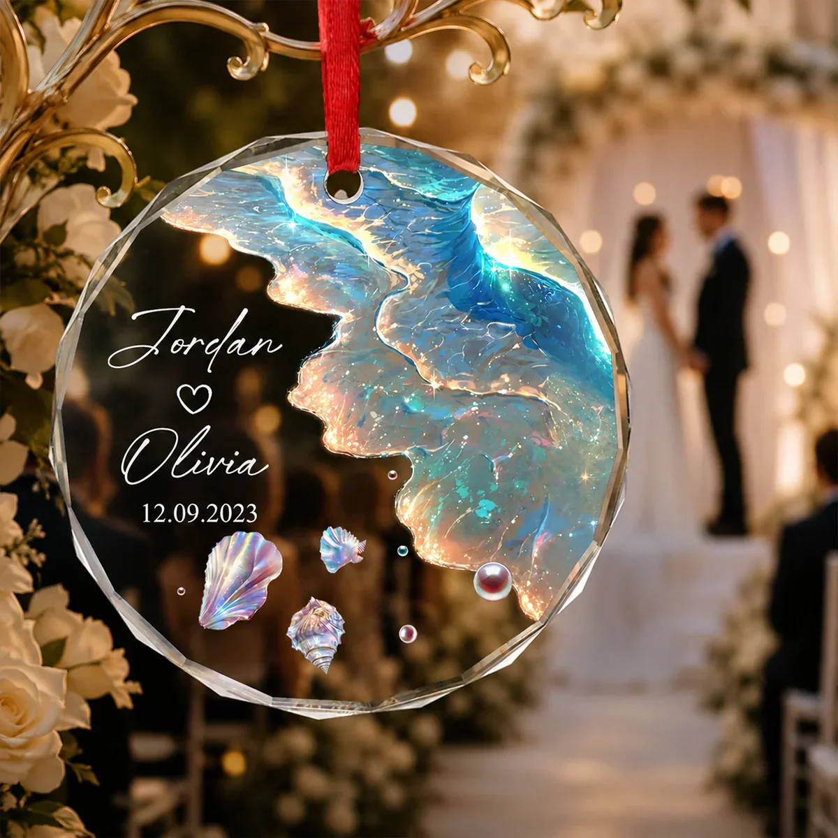 Custom Crystal Ornament for Couple, Romantic Coastal Keepsake with Wedding Portrait Look, Creative Gift - Image 7
