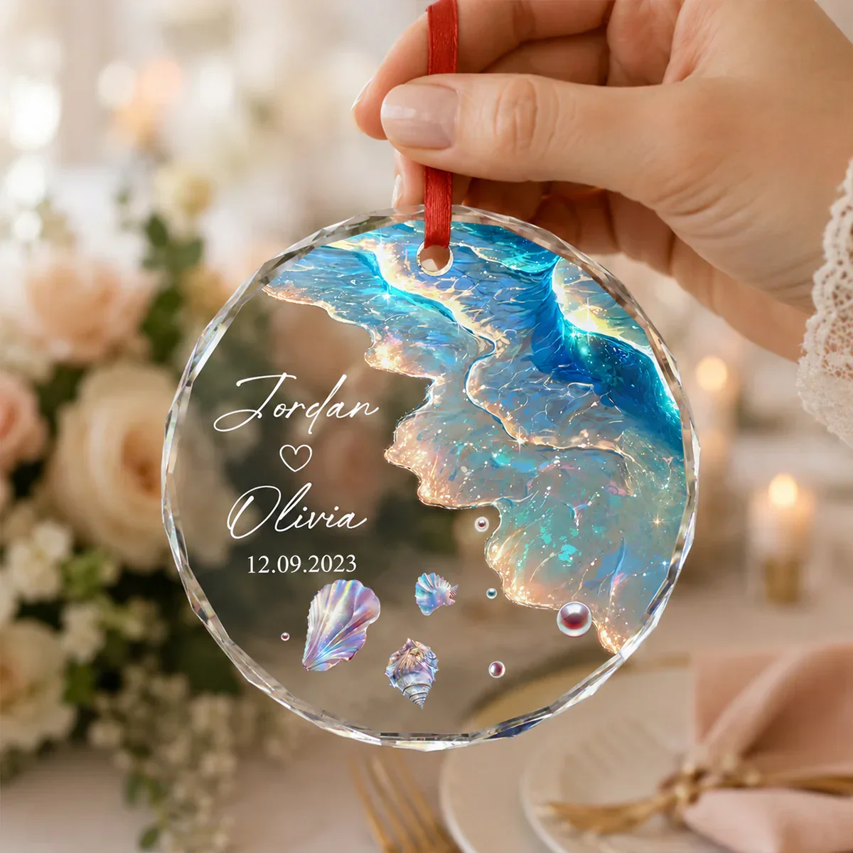 Custom Crystal Ornament for Couple, Romantic Coastal Keepsake with Wedding Portrait Look, Creative Gift - Image 8