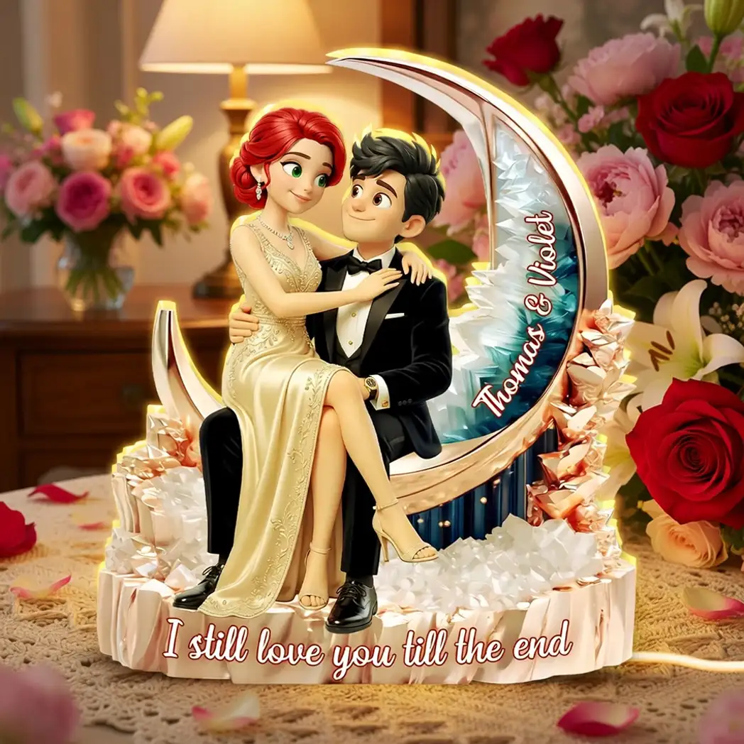 Personalized Acrylic Light Box, Embracing Couple on Crescent Moon, Unique Warm Glow Gift for Partner