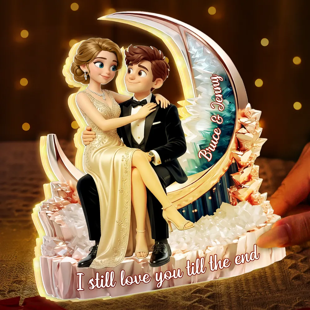 Personalized Acrylic Light Box, Embracing Couple on Crescent Moon, Unique Warm Glow Gift for Partner - Image 2