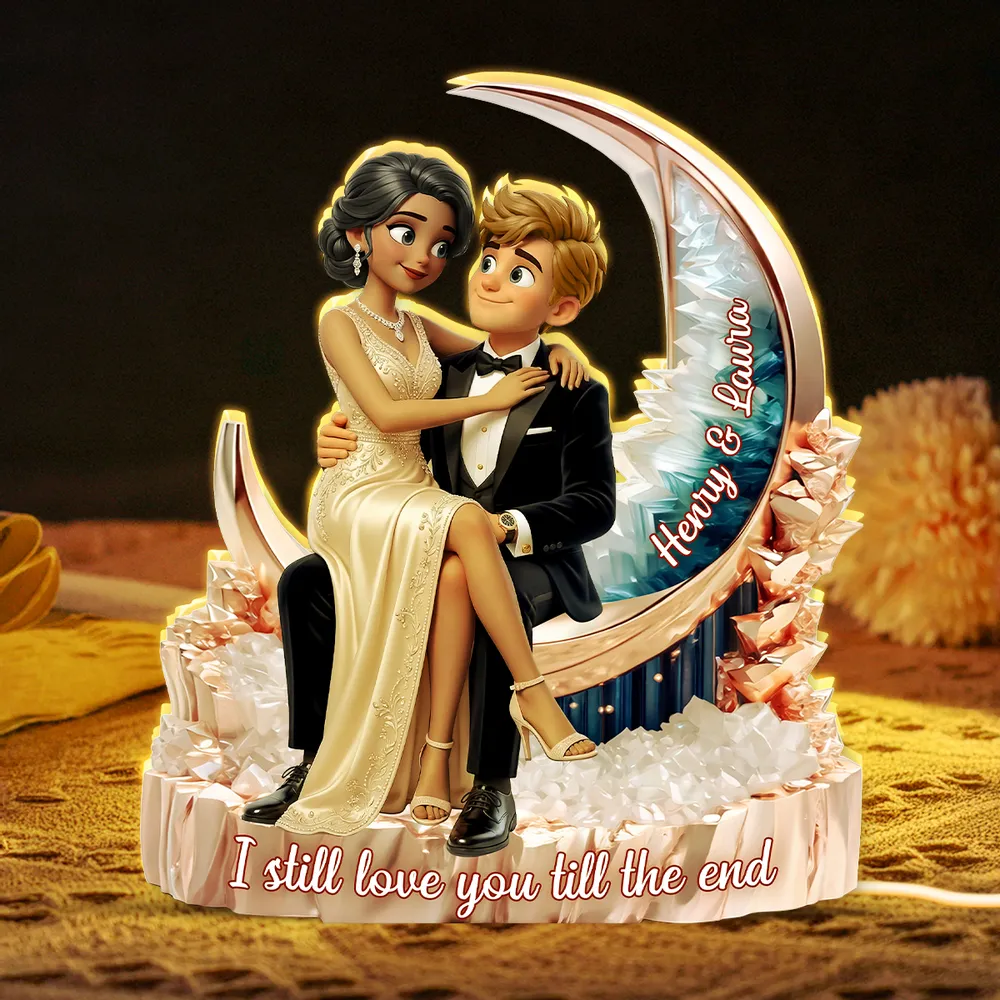 Personalized Acrylic Light Box, Embracing Couple on Crescent Moon, Unique Warm Glow Gift for Partner - Image 3