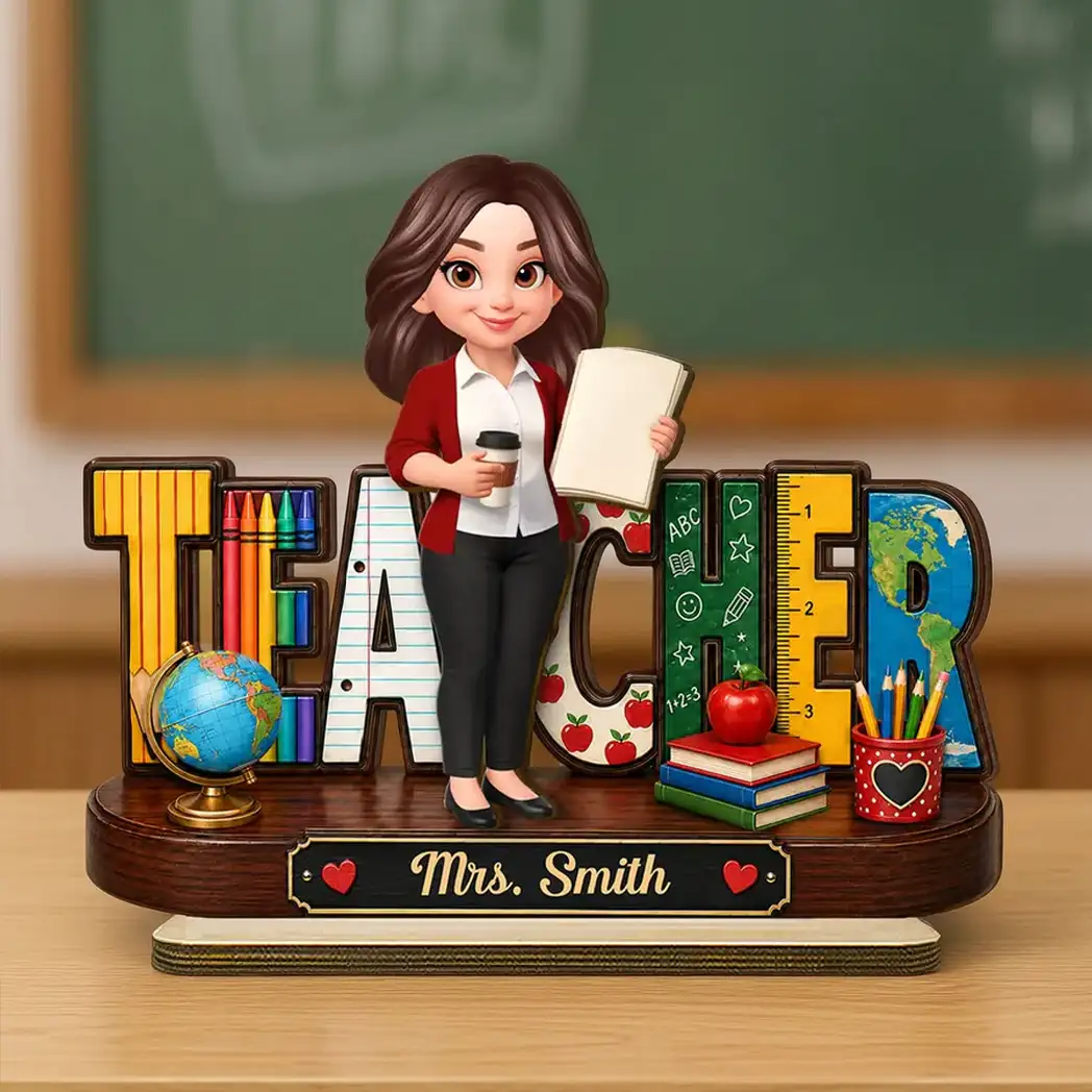Personalized 2-Layer Wooden Plaque, Standing Cartoon Teacher with School Supplies, Unique Gift for Teacher