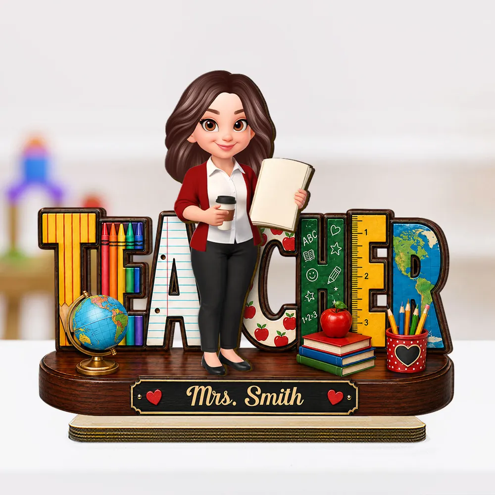 Personalized 2-Layer Wooden Plaque, Standing Cartoon Teacher with School Supplies, Unique Gift for Teacher - Image 2