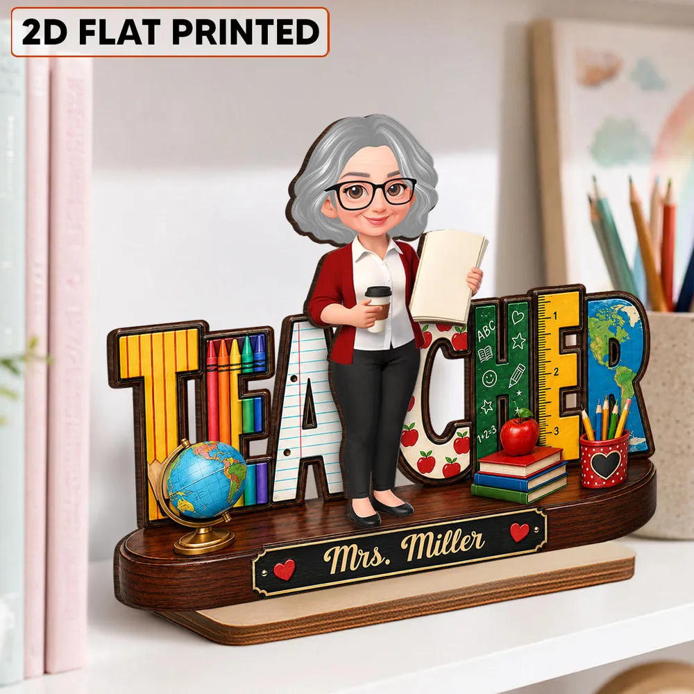 Personalized 2-Layer Wooden Plaque, Standing Cartoon Teacher with School Supplies, Unique Gift for Teacher - Image 3