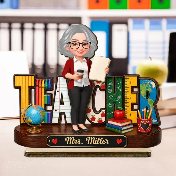Personalized 2-Layer Wooden Plaque, Standing Cartoon Teacher with School Supplies, Unique Gift for Teacher - Image 5