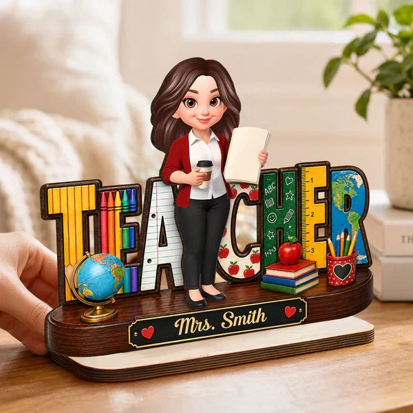 Personalized 2-Layer Wooden Plaque, Standing Cartoon Teacher with School Supplies, Unique Gift for Teacher - Image 6