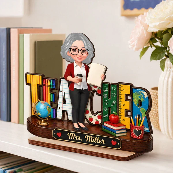 Personalized 2-Layer Wooden Plaque, Standing Cartoon Teacher with School Supplies, Unique Gift for Teacher - Image 7