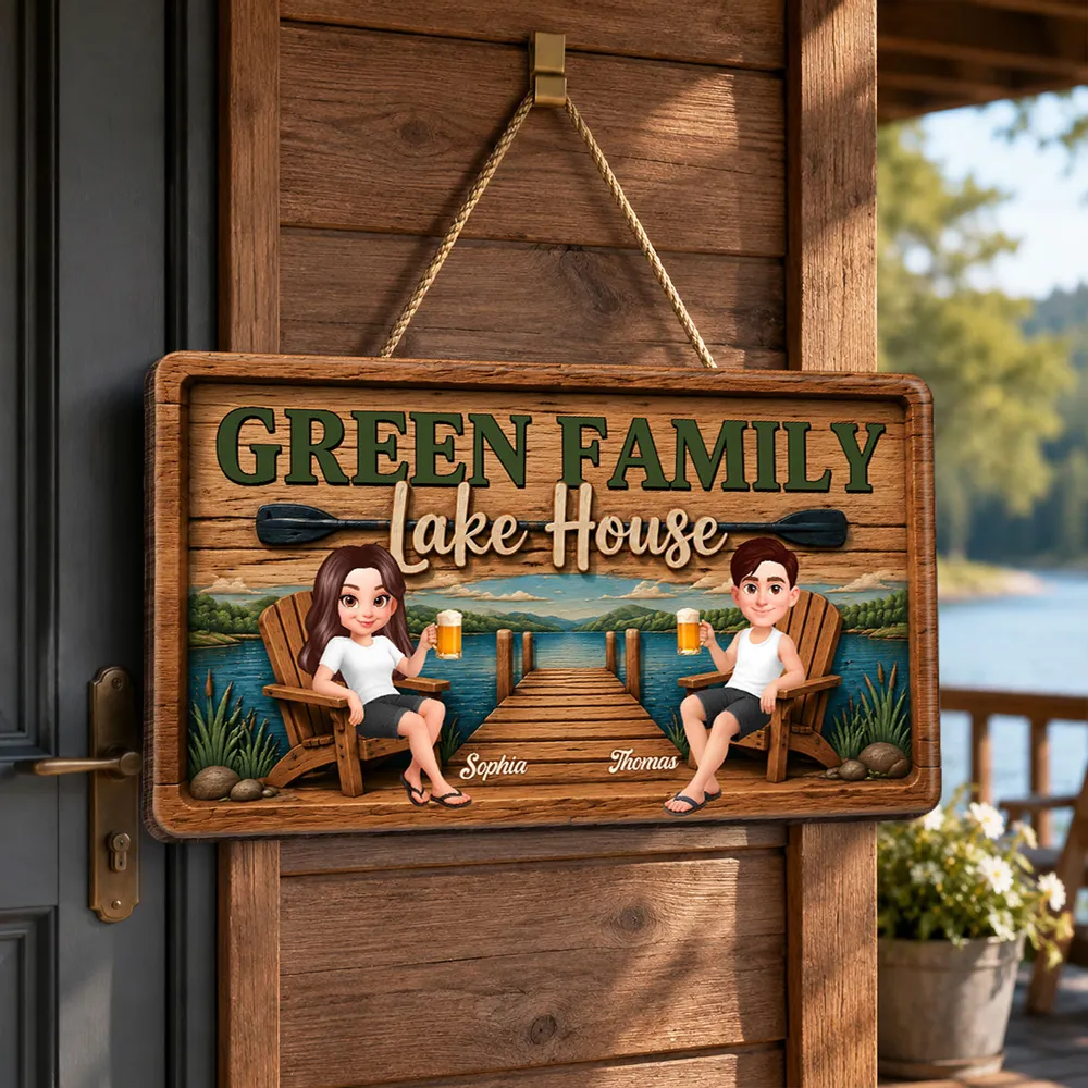 Personalized Wooden Sign, Seated Lake House Couple Illustration, Unique Gift For Family Retreat Decor - Image 3