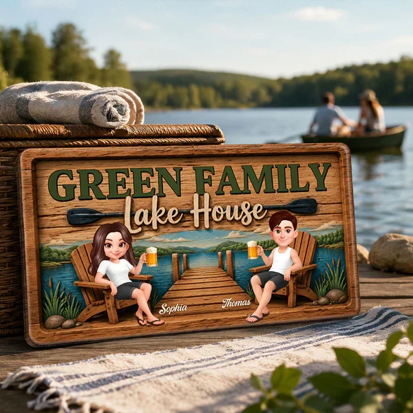 Personalized Wooden Sign, Seated Lake House Couple Illustration, Unique Gift For Family Retreat Decor - Image 5