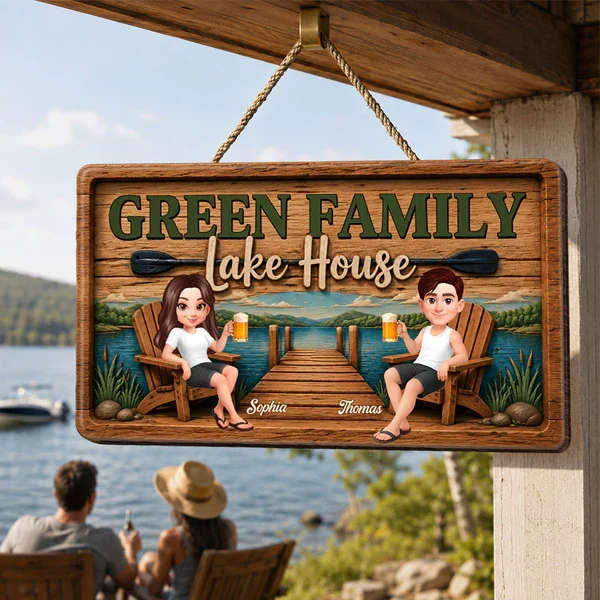 Personalized Wooden Sign, Seated Lake House Couple Illustration, Unique Gift For Family Retreat Decor - Image 6