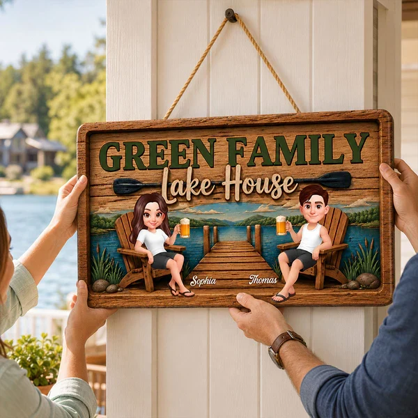 Personalized Wooden Sign, Seated Lake House Couple Illustration, Unique Gift For Family Retreat Decor - Image 7