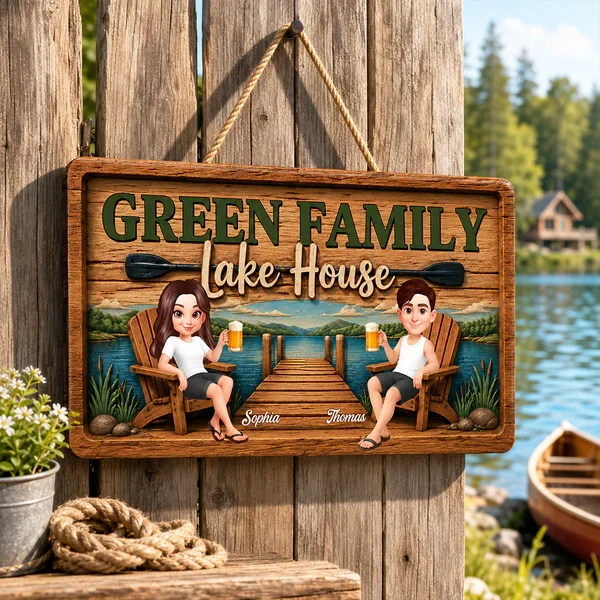 Personalized Wooden Sign, Seated Lake House Couple Illustration, Unique Gift For Family Retreat Decor - Image 8