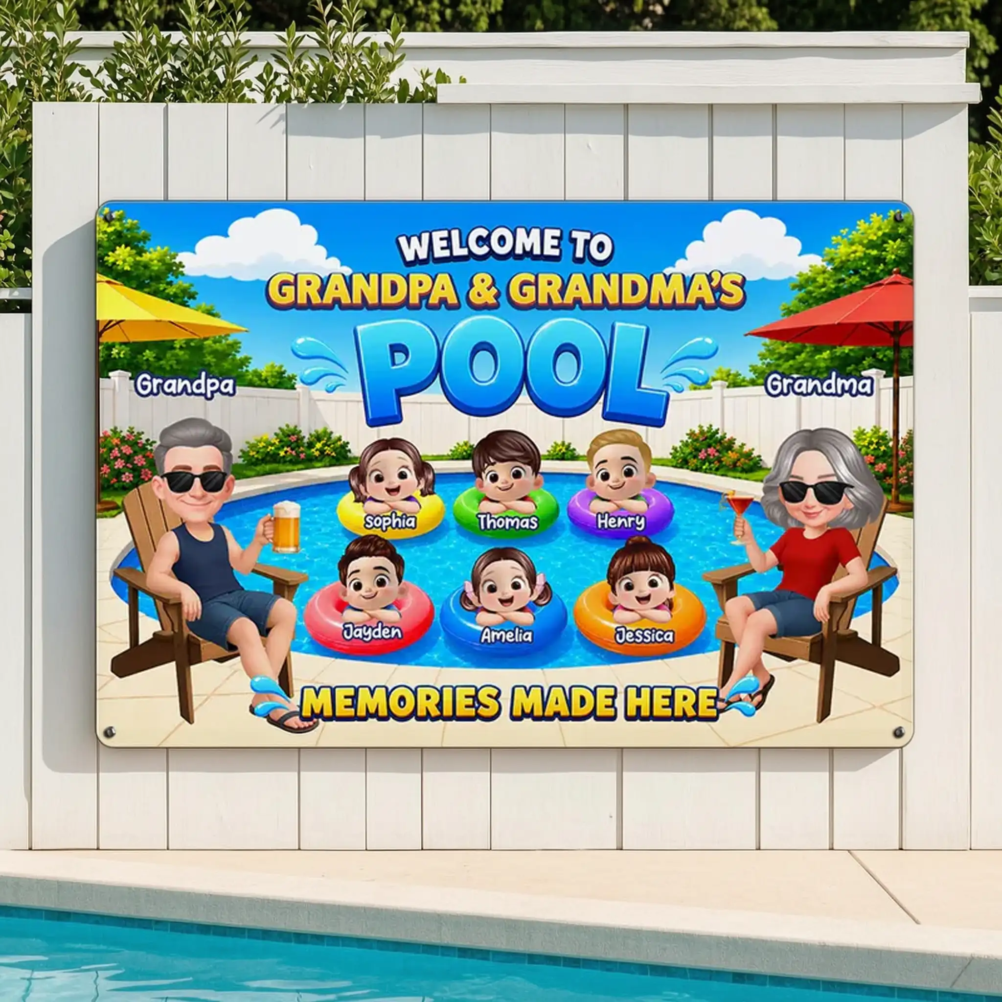 Personalized Rectangular Iron Sign, Memories Made Here Pool Decor, Creative Gift for Grandma & Grandpa
