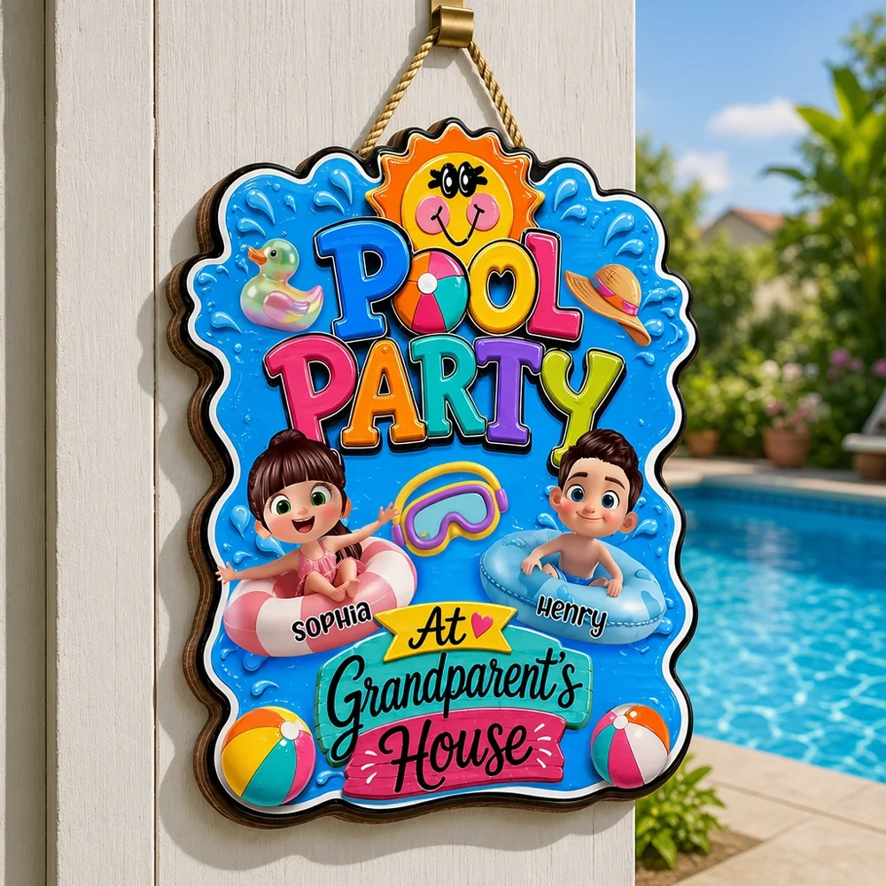 Personalized Wooden Sign, Pool Party at Grandparents' House, Colorful Summer Decor, Unique Gift for Grandparents