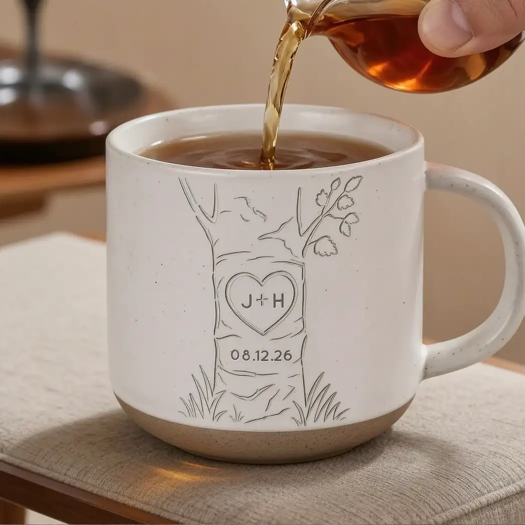 Personalized Pottery Mug, Carved Heart Tree Design, Unique Anniversary Gift for Couple