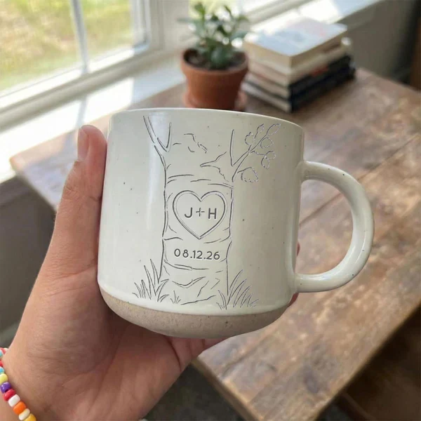Personalized Pottery Mug, Carved Heart Tree Design, Unique Anniversary Gift for Couple - Image 7