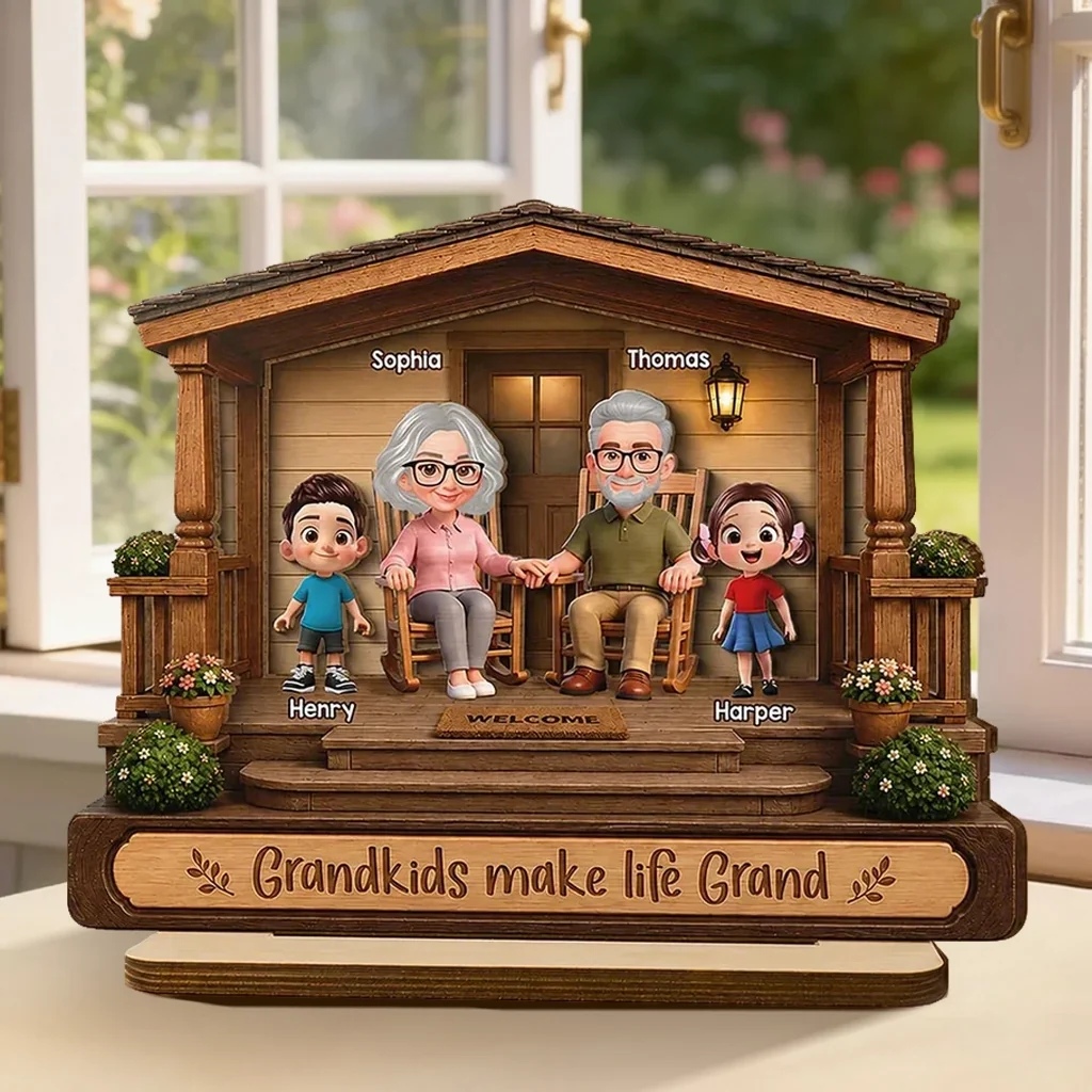 Personalized 2-Layer Wooden Plaque, Warm Cartoon Grandparents & Grandkids Porch Scene, Unique Gift for Grandparents