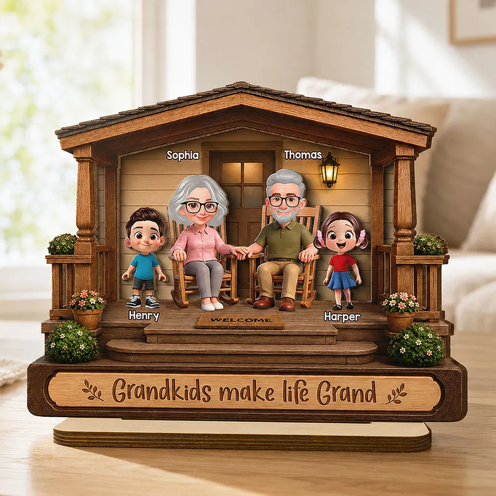 Personalized 2-Layer Wooden Plaque, Warm Cartoon Grandparents & Grandkids Porch Scene, Unique Gift for Grandparents - Image 2