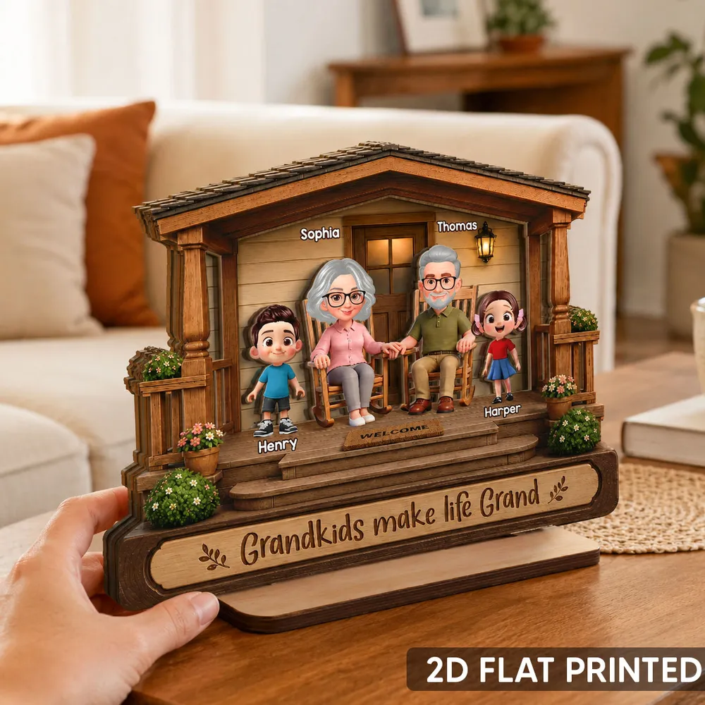 Personalized 2-Layer Wooden Plaque, Warm Cartoon Grandparents & Grandkids Porch Scene, Unique Gift for Grandparents - Image 3