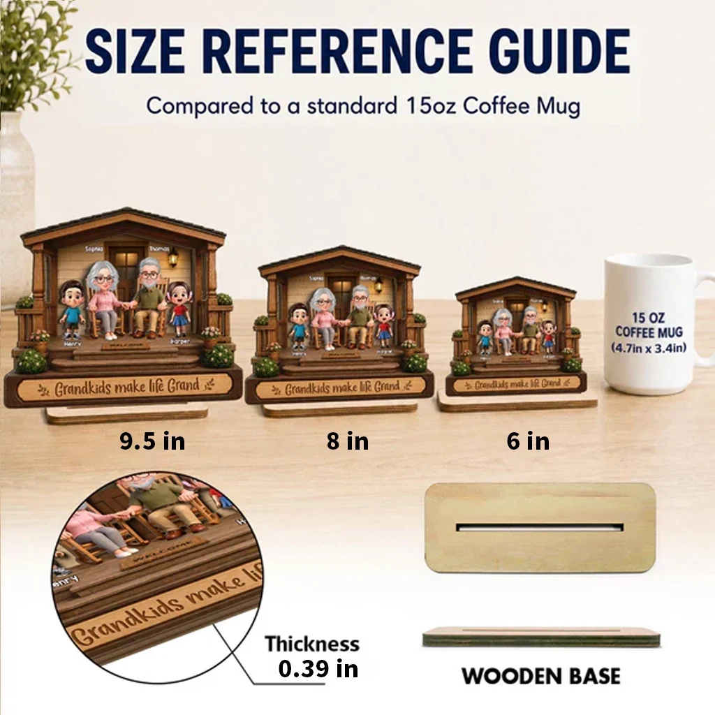 Personalized 2-Layer Wooden Plaque, Warm Cartoon Grandparents & Grandkids Porch Scene, Unique Gift for Grandparents - Image 4