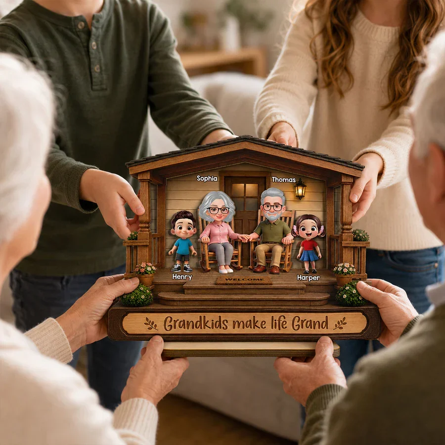 Personalized 2-Layer Wooden Plaque, Warm Cartoon Grandparents & Grandkids Porch Scene, Unique Gift for Grandparents - Image 5