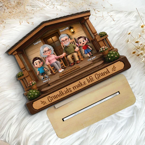 Personalized 2-Layer Wooden Plaque, Warm Cartoon Grandparents & Grandkids Porch Scene, Unique Gift for Grandparents - Image 6