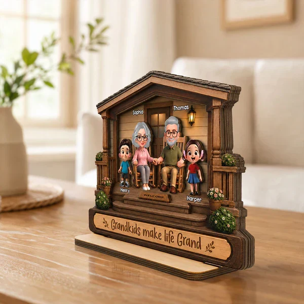 Personalized 2-Layer Wooden Plaque, Warm Cartoon Grandparents & Grandkids Porch Scene, Unique Gift for Grandparents - Image 7