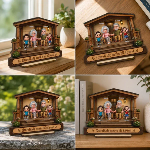 Personalized 2-Layer Wooden Plaque, Warm Cartoon Grandparents & Grandkids Porch Scene, Unique Gift for Grandparents - Image 8