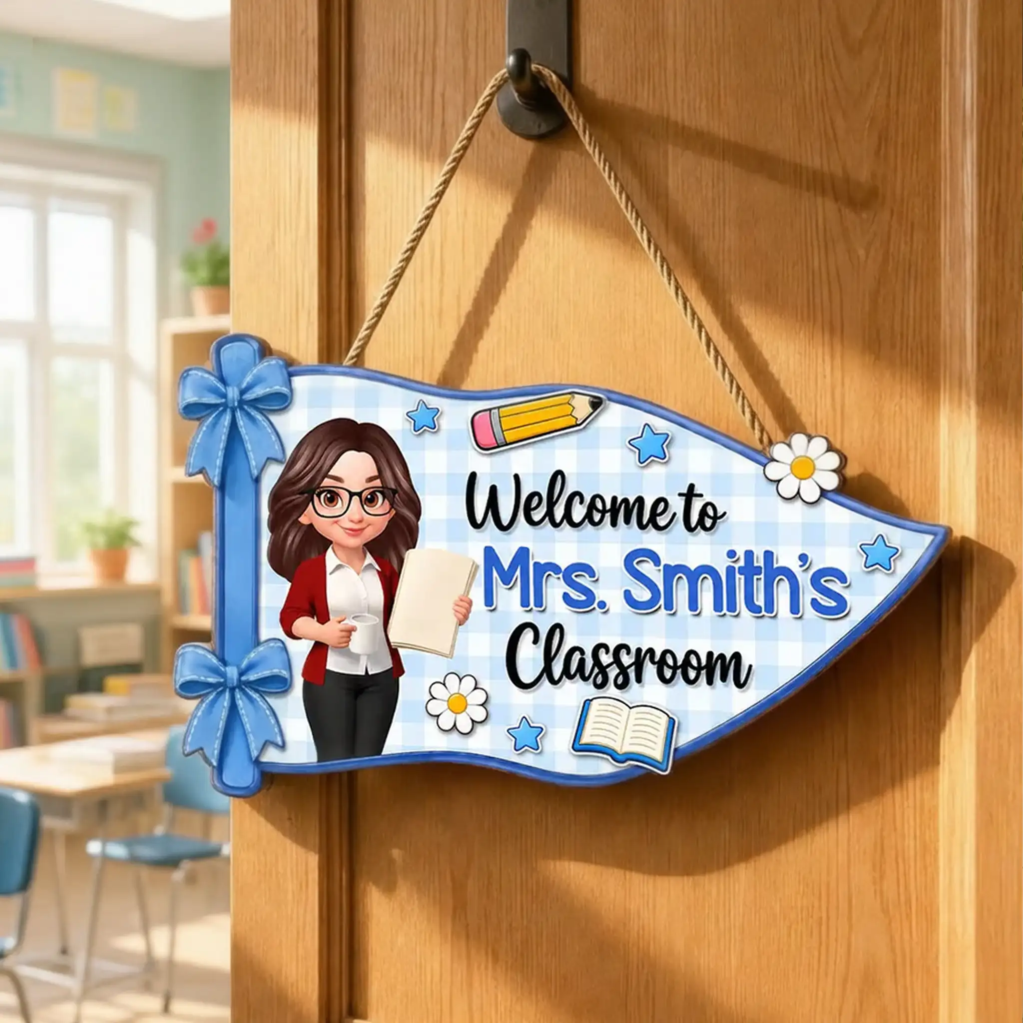 Personalized Wooden Sign for Teacher Classroom Door, Cute Pennant Welcome Decor, Unique Teacher Gift