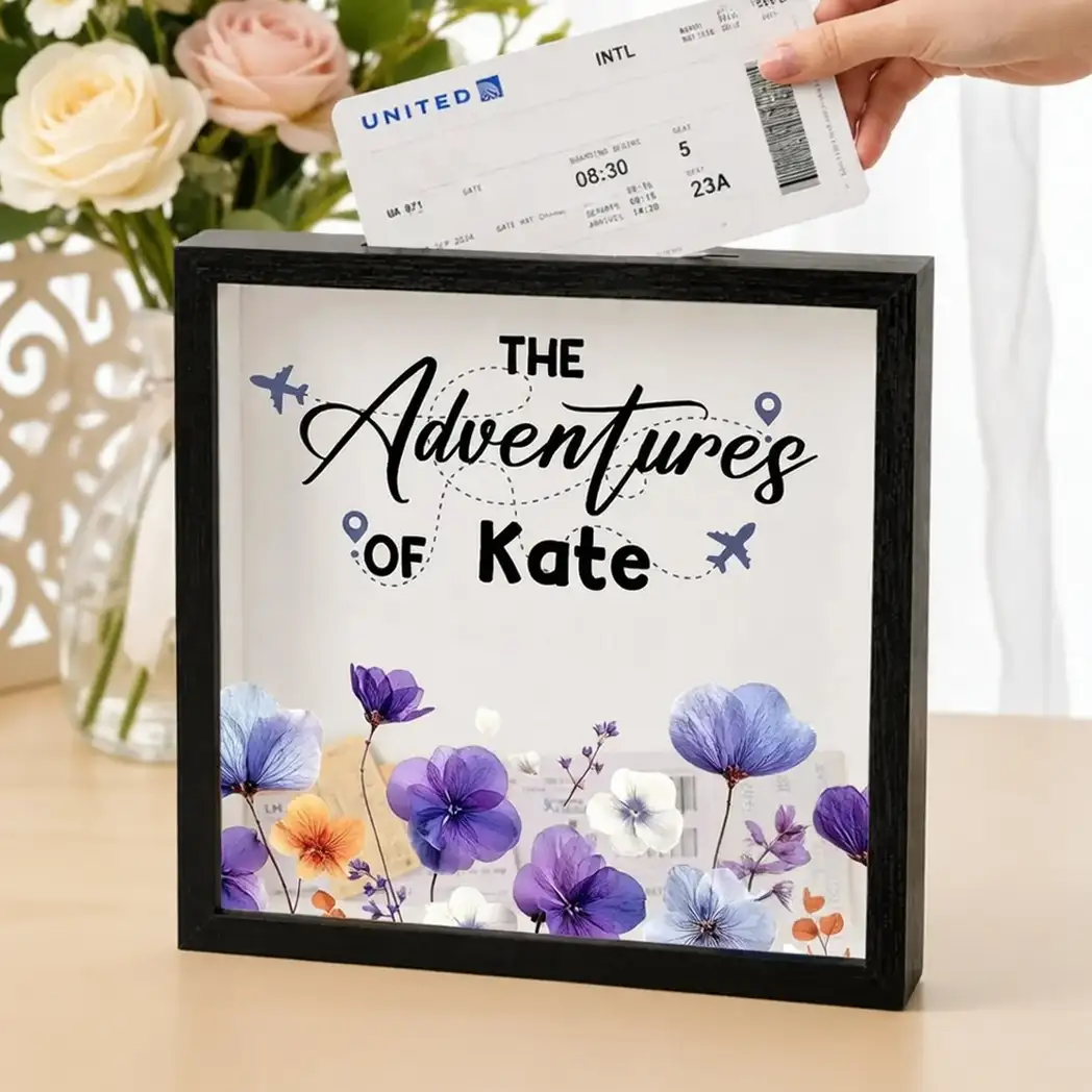 Personalized Wooden Ticket Keepsake Box with Birth Flower Style Travel Art, Unique Gift for Travel Lover