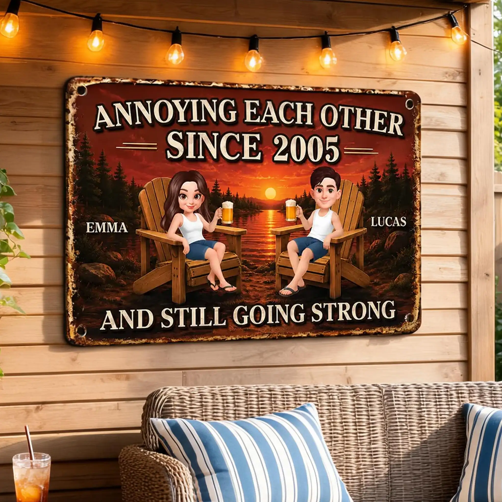 Personalized Rectangular Iron Sign, Cartoon Couple at Sunset Lake, Unique Gift for Couples