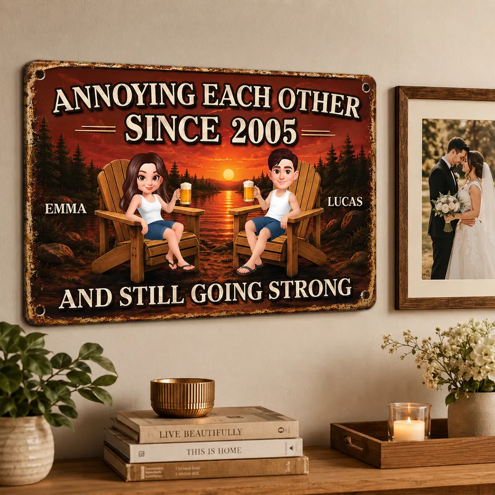 Personalized Rectangular Iron Sign, Cartoon Couple at Sunset Lake, Unique Gift for Couples - Image 2