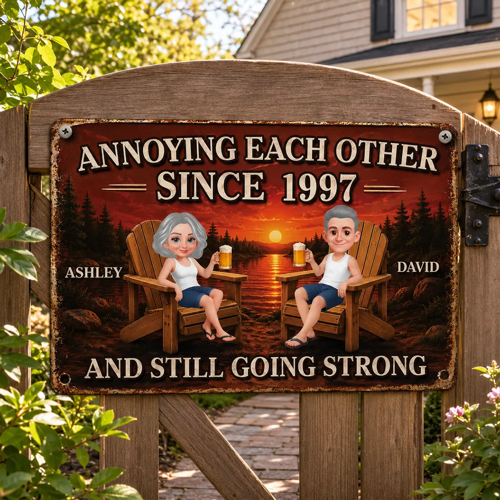 Personalized Rectangular Iron Sign, Cartoon Couple at Sunset Lake, Unique Gift for Couples - Image 3