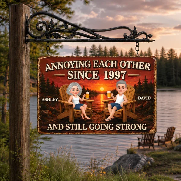 Personalized Rectangular Iron Sign, Cartoon Couple at Sunset Lake, Unique Gift for Couples - Image 5