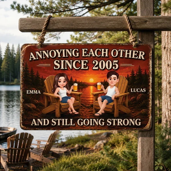 Personalized Rectangular Iron Sign, Cartoon Couple at Sunset Lake, Unique Gift for Couples - Image 6