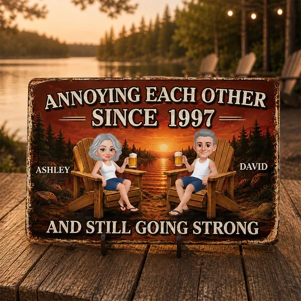 Personalized Rectangular Iron Sign, Cartoon Couple at Sunset Lake, Unique Gift for Couples - Image 7