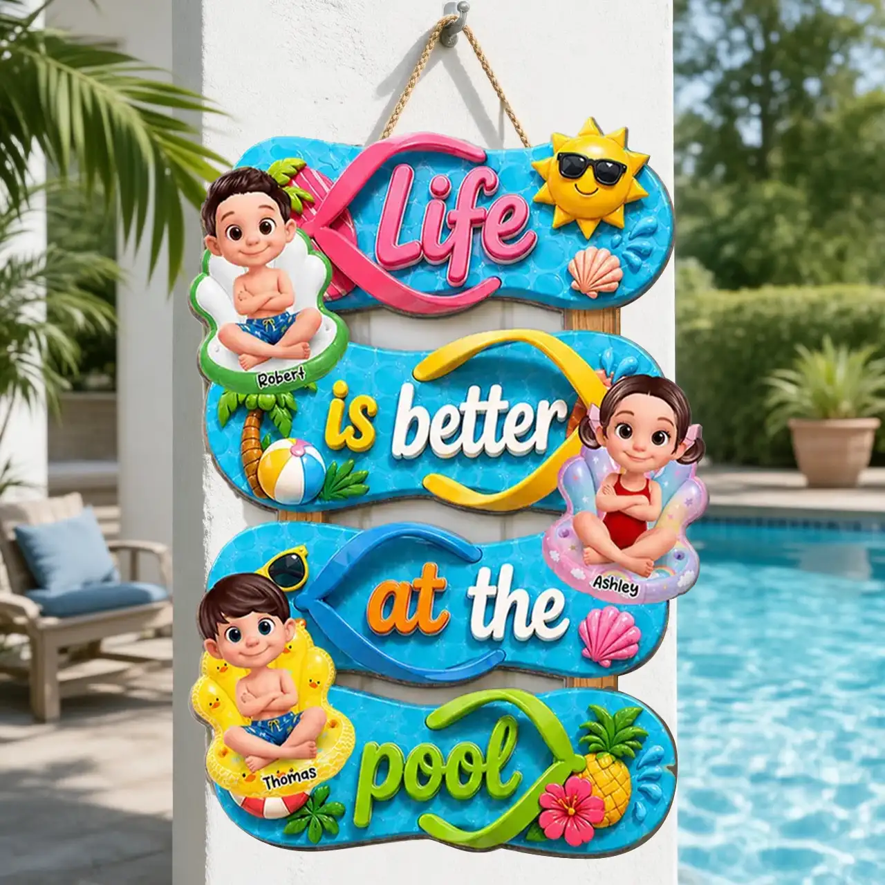 Personalized Wooden Sign, Flip Flop Pool Kids Design, Unique Gift for Grandparents & Summer Porch Decor