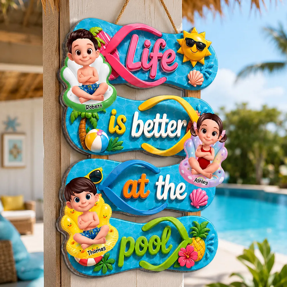 Personalized Wooden Sign, Flip Flop Pool Kids Design, Unique Gift for Grandparents & Summer Porch Decor - Image 2