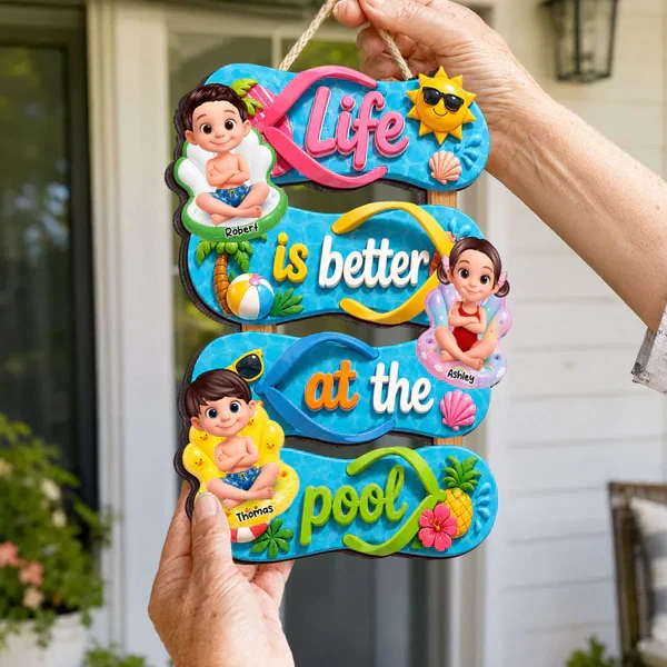 Personalized Wooden Sign, Flip Flop Pool Kids Design, Unique Gift for Grandparents & Summer Porch Decor - Image 3