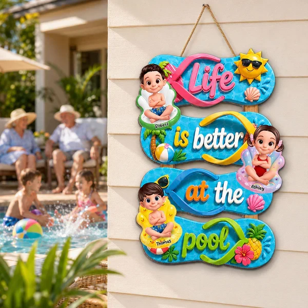 Personalized Wooden Sign, Flip Flop Pool Kids Design, Unique Gift for Grandparents & Summer Porch Decor - Image 6