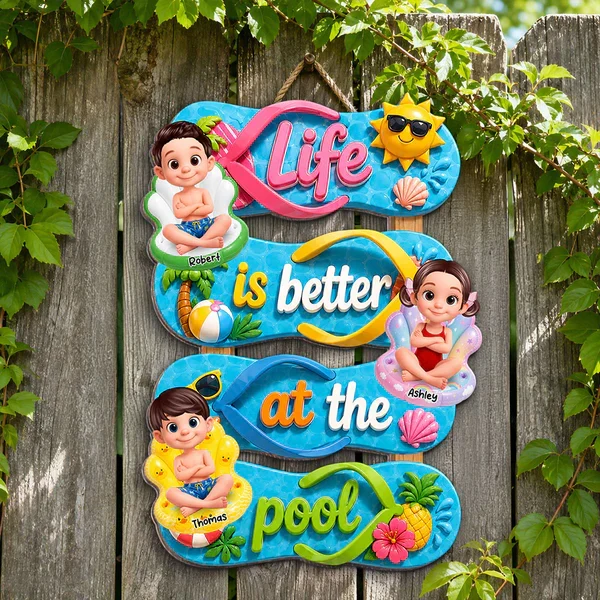 Personalized Wooden Sign, Flip Flop Pool Kids Design, Unique Gift for Grandparents & Summer Porch Decor - Image 7