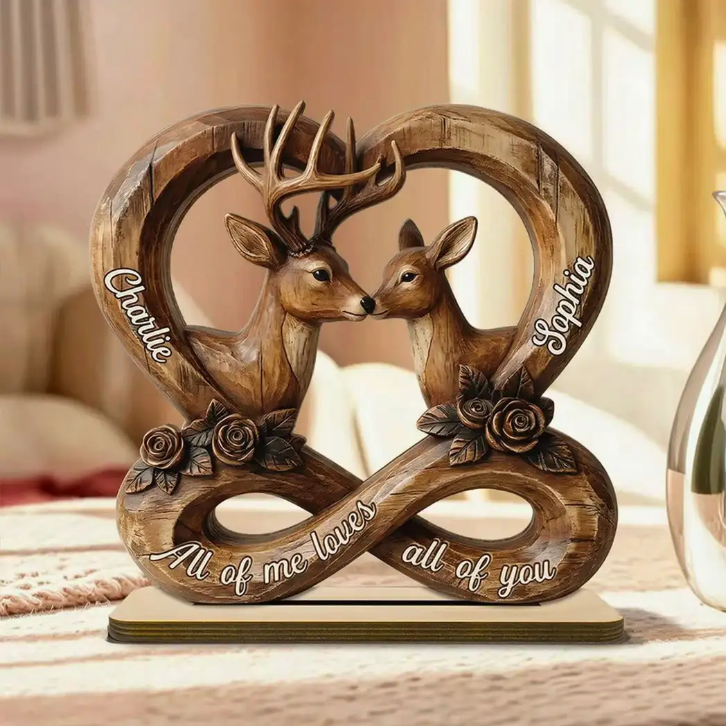 Personalized 2-Layer Wooden Plaque, Rustic Nuzzling Deer Couple, Unique Gift For Couples