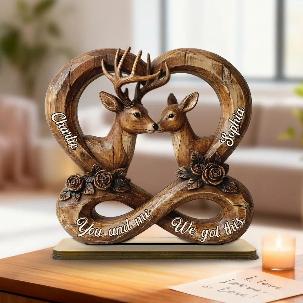 Personalized 2-Layer Wooden Plaque, Rustic Nuzzling Deer Couple, Unique Gift For Couples - Image 2