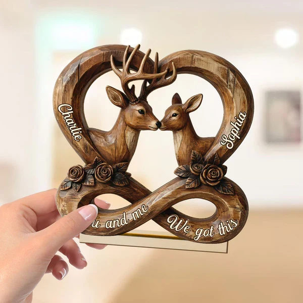 Personalized 2-Layer Wooden Plaque, Rustic Nuzzling Deer Couple, Unique Gift For Couples - Image 3