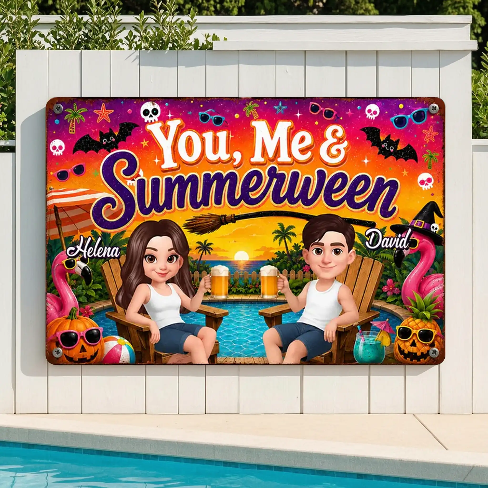 Personalized Rectangular Iron Sign, You, Me & Summerween Poolside Couple, Unique Gift for Couples