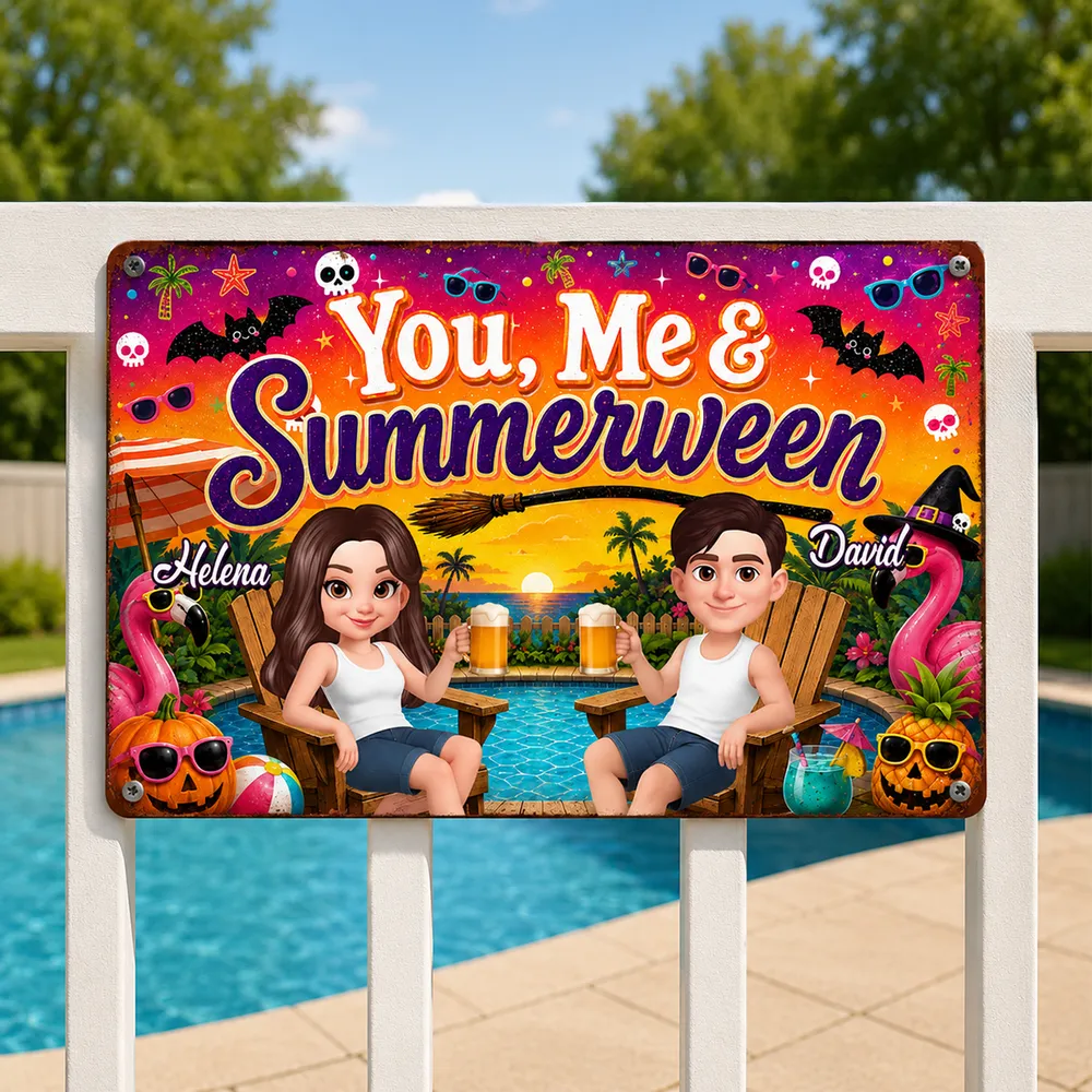 Personalized Rectangular Iron Sign, You, Me & Summerween Poolside Couple, Unique Gift for Couples - Image 2