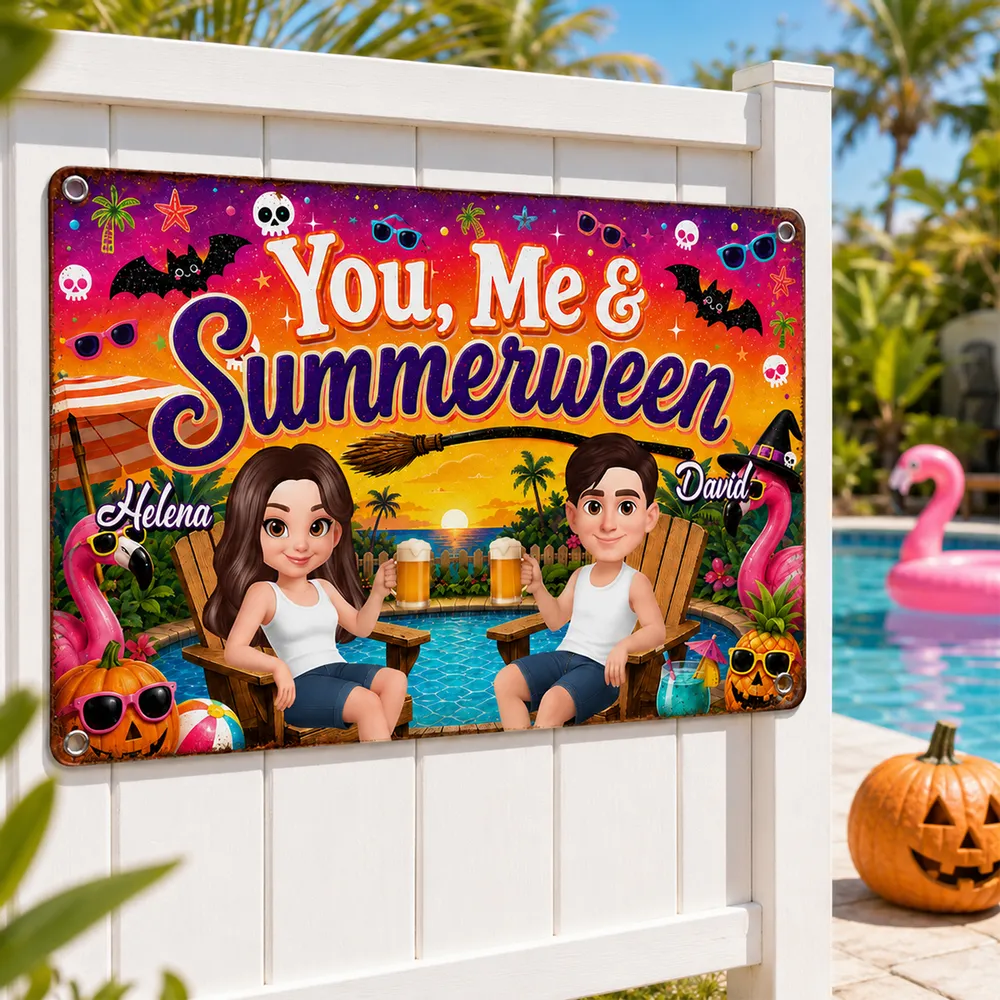 Personalized Rectangular Iron Sign, You, Me & Summerween Poolside Couple, Unique Gift for Couples - Image 3