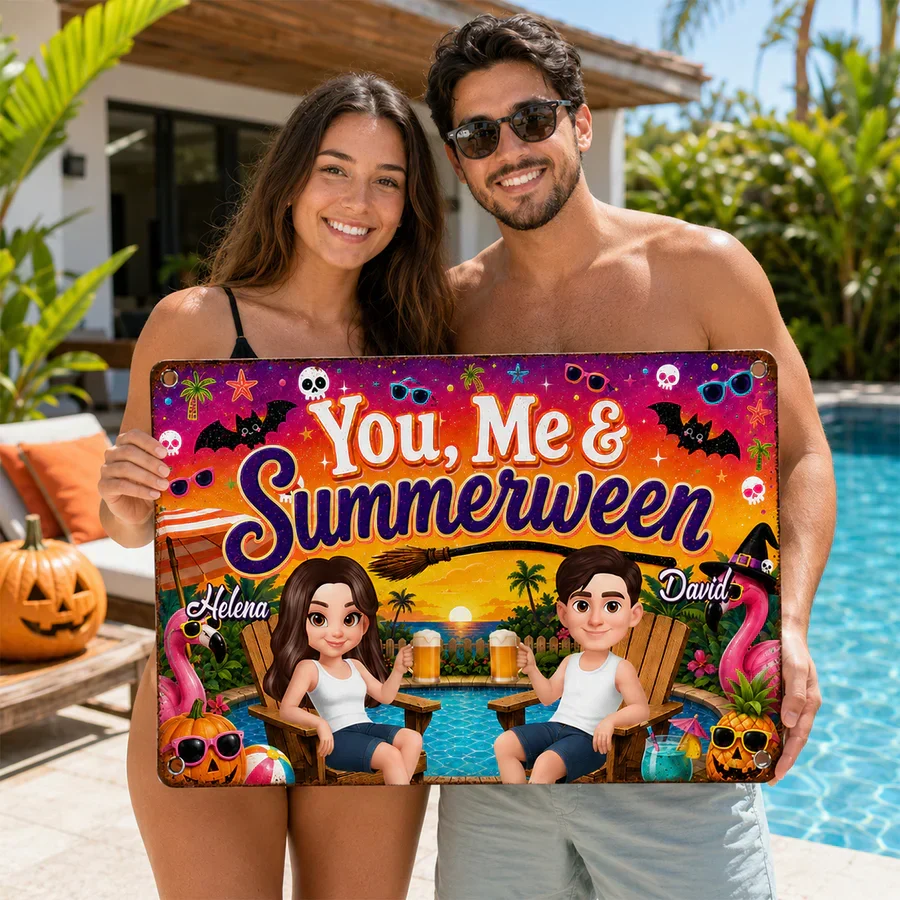 Personalized Rectangular Iron Sign, You, Me & Summerween Poolside Couple, Unique Gift for Couples - Image 4