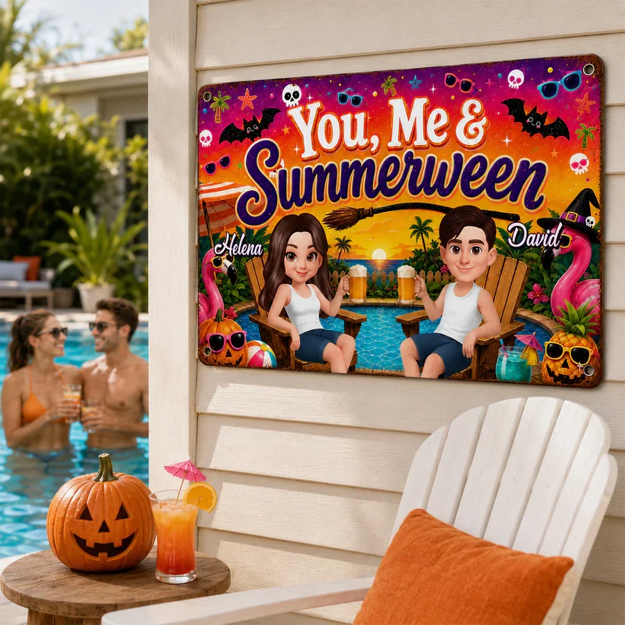 Personalized Rectangular Iron Sign, You, Me & Summerween Poolside Couple, Unique Gift for Couples - Image 5