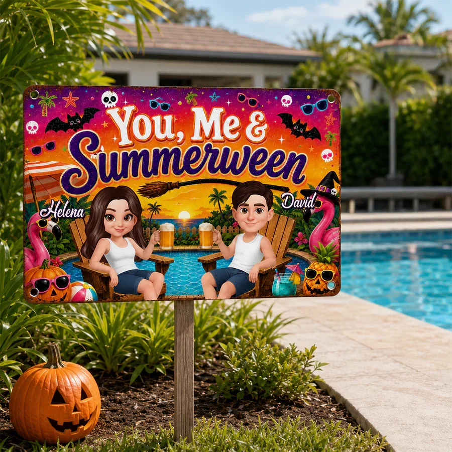 Personalized Rectangular Iron Sign, You, Me & Summerween Poolside Couple, Unique Gift for Couples - Image 6